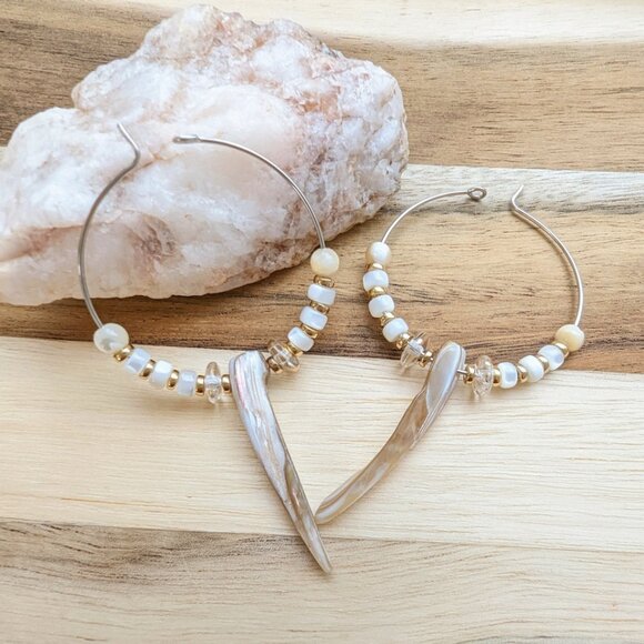 Neutral Shell Beaded Handmade Steel Hoop Earrings - Picture 2 of 6